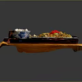 Traditional Asian Food Platter with Dumplings Noodles Rice and Sauce on Wooden Tray