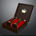 Elegant Wooden Box Open With Red Lining Containing Two Scepters And Golden Crown On Lid