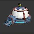 White Dome Building With Red Pipes Blue Entrance Steps And Yellow Bird On Top