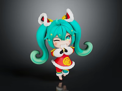 Cute Teal Twin Ponytails Character With Cat Creature Ears And Red Outfit Gold Decorations 3d model