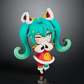 Cute Teal Twin Ponytails Character With Cat Creature Ears And Red Outfit Gold Decorations