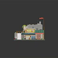 3D Model of Small Buildings with Red Blue Roofs Staircase Green Tree and Street Lamp