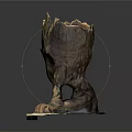 Baby Groot 3D Model With Wooden Texture Leaning On Base And Smiling Expression 3d model