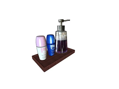 Essential Cleaning Supplies With Liquid Soap Dispenser And Bottles On Wooden Tray 3d model