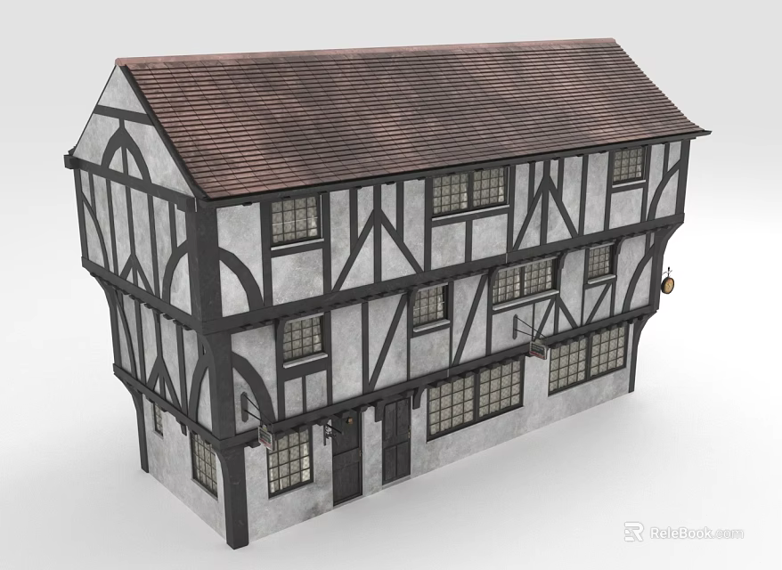 Traditional European Architecture Exterior With Timber Frame Brown Roof And Multiple Windows 3d model 