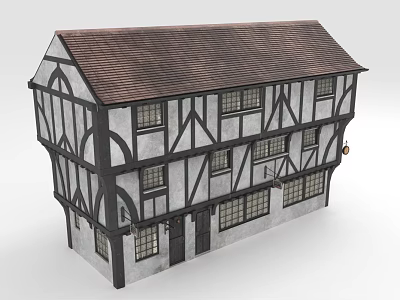 Traditional European Architecture Exterior With Timber Frame Brown Roof And Multiple Windows 3d model