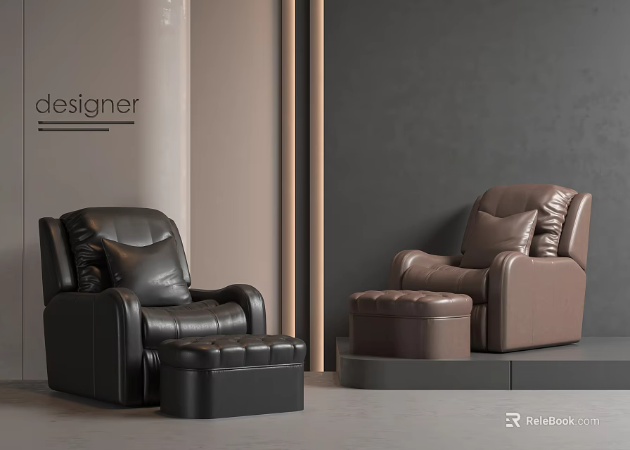 Modern Designer Massage Chairs Black and Brown with Comfortable Ottomans 3d model 