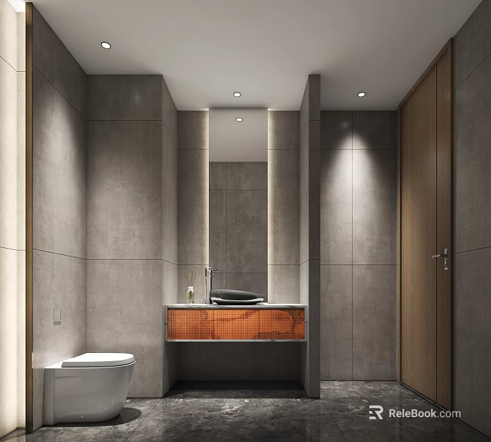 Hotel Bathroom Interior Design With Gray Walls Mirror Wooden Countertop Vanity And Toilet 3d model 