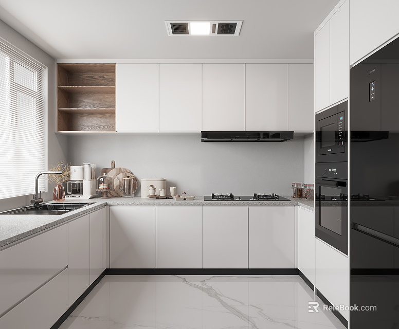 Modern Kitchen Interior With White Cabinets Wooden Open Shelves White Countertop And Black Appliances 3d model 