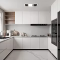 Modern Kitchen Interior With White Cabinets Wooden Open Shelves White Countertop And Black Appliances