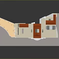 Modern White Building Featuring Red Roof Sections Green Trees Sand Area And Windows