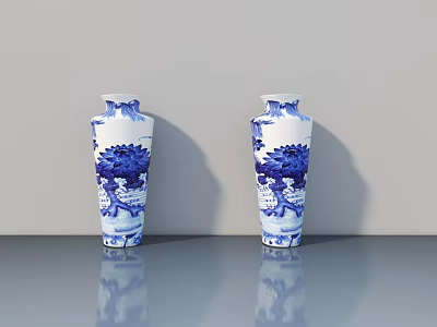 Two Blue And White Vases With Floral Patterns On Gray Tabletop Against Light Gray Wall 3d model