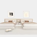 Two Single Beds In Modern Bedroom With Framed Artwork Nightstand Open Book And Soft Rug