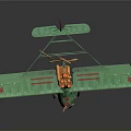 Vintage Green Biplane Model With Orange Accents And Cosmic Flame Design For Aerospace Decor