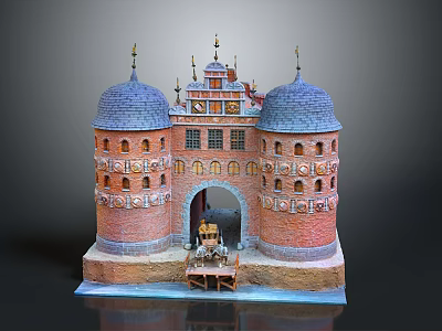 Historical Red Brick Architectural Structure With Twin Domed Towers Blue Roofs And Ornate Arched Entrance 3d model