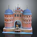 Historical Red Brick Architectural Structure With Twin Domed Towers Blue Roofs And Ornate Arched Entrance