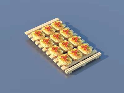 Golden Mini Pastries With Red Toppings Arranged On Wooden Tray 3d model