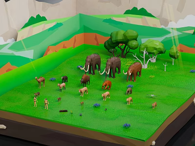 3D Natural Grassland Diorama With Elephants Giraffes Antelopes Trees And Green Grass 3d model