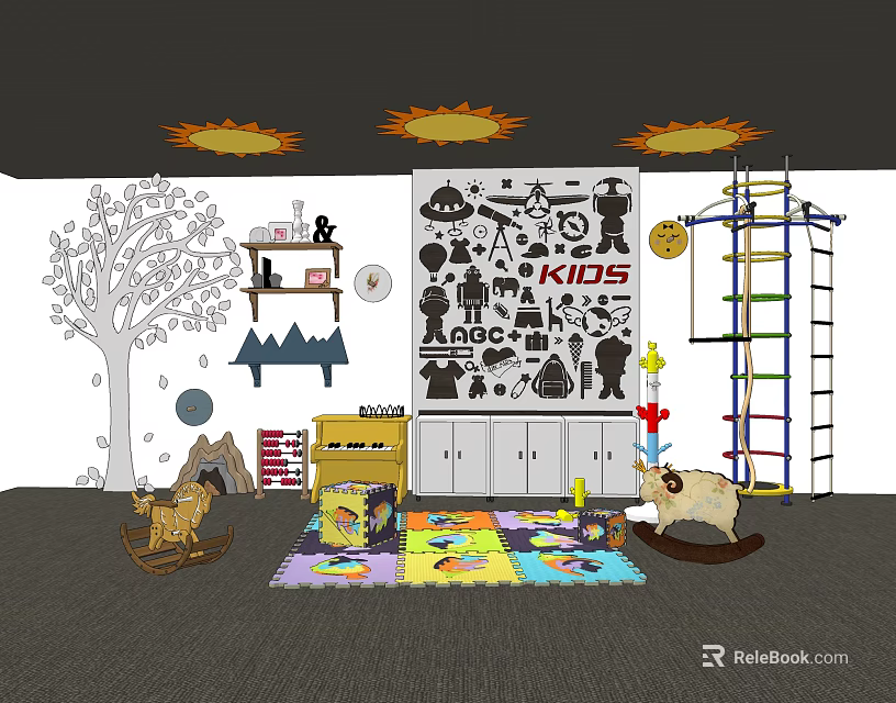Kids Playroom With Sun Decorations Tree Decal Robot Stickers Climbing Frame Rocking Horse And Mat 3d model 