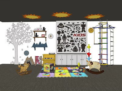 Kids Playroom With Sun Decorations Tree Decal Robot Stickers Climbing Frame Rocking Horse And Mat 3d model