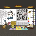 Kids Playroom With Sun Decorations Tree Decal Robot Stickers Climbing Frame Rocking Horse And Mat