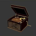 Classic Vintage Gramophone With Open Wooden Case Decorative Patterns And Tonearm