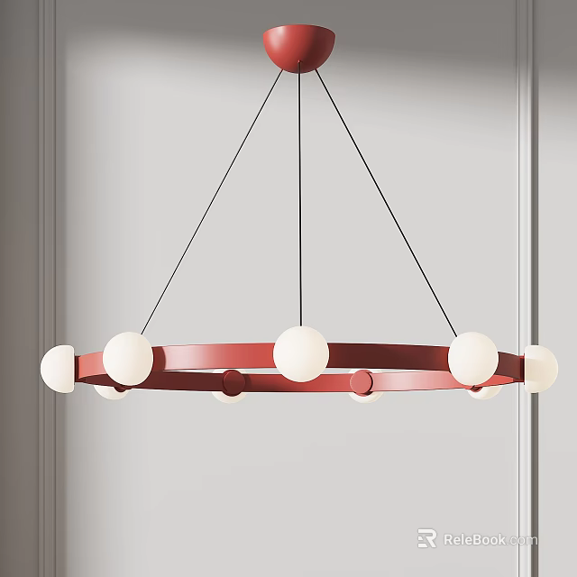 Modern Circular Chandelier With Red Frame And White Spherical Bulbs For Interior 3d model