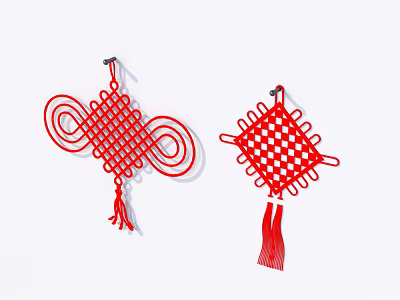 Traditional Red Chinese Knot Wall Decor With Intricate Weave Patterns And Tassel Accents 3d model