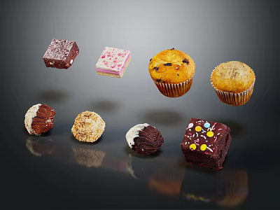 Colorful Assorted Sweet Desserts Including Cupcakes Brownies And Truffles On Dark Background 3d model