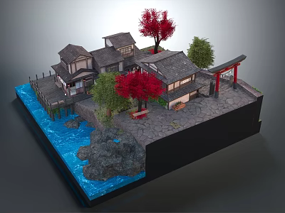 Cartoon Scenic Scene With Japanese Style Houses Red Maple Trees Torii Gate And Water Area 3d model