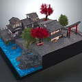 Cartoon Scenic Scene With Japanese Style Houses Red Maple Trees Torii Gate And Water Area