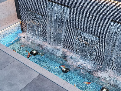Serene Garden Water Feature With Flowing Wall And Fish In Blue Pool 3d model