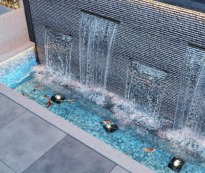 Serene Garden Water Feature With Flowing Wall And Fish In Blue Pool 3d model