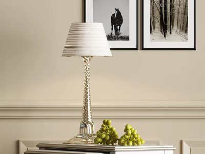 Gold Spiral Base Table Lamp With White Striped Lampshade On Table And Green Grapes 3d model