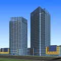 Modern Commercial Complex Featuring Tall Buildings Open Plaza And Green Rooftops