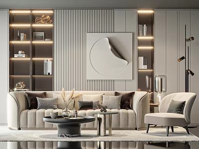 Modern Elegant Sofa and Coffee Table Set with Decorative Cushions Armchair and Lit Shelves 3d model