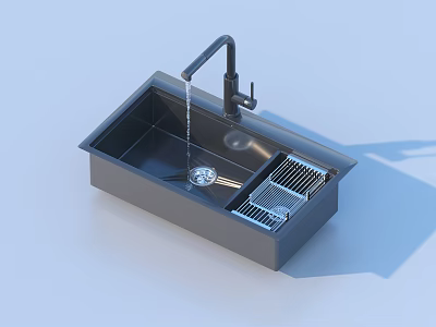 Stainless Steel Single Basin Kitchen Sink With Faucet Drainer And Flowing Water 3d model