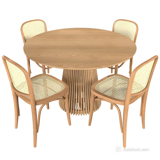Round Wooden Dining Table Set With Four Wicker Chairs And Slatted Base 3d model