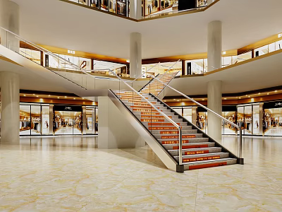 Modern Shopping Mall Staircase With Metal Railings And Red Carpet Steps 3d model