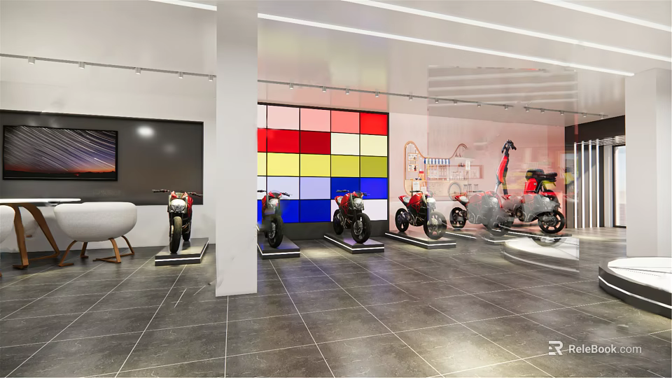 Modern Motorcycle Showroom With Colorful Tiled Wall And Displayed Motorcycles Interior Design And Glossy Floor 3d model 
