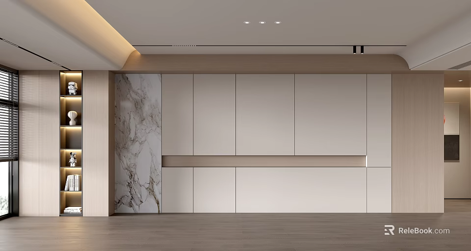 Modern Sofa Background Wall Design With Marble Panel And Wooden Storage Cabinets 3d model