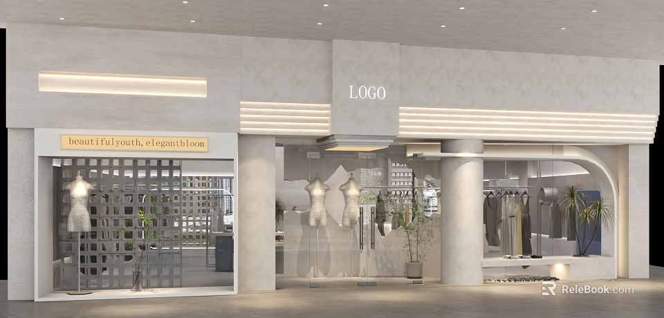 Elegant Modern Clothing Store Exterior With Glass Windows Mannequins And Lighting 3d model 