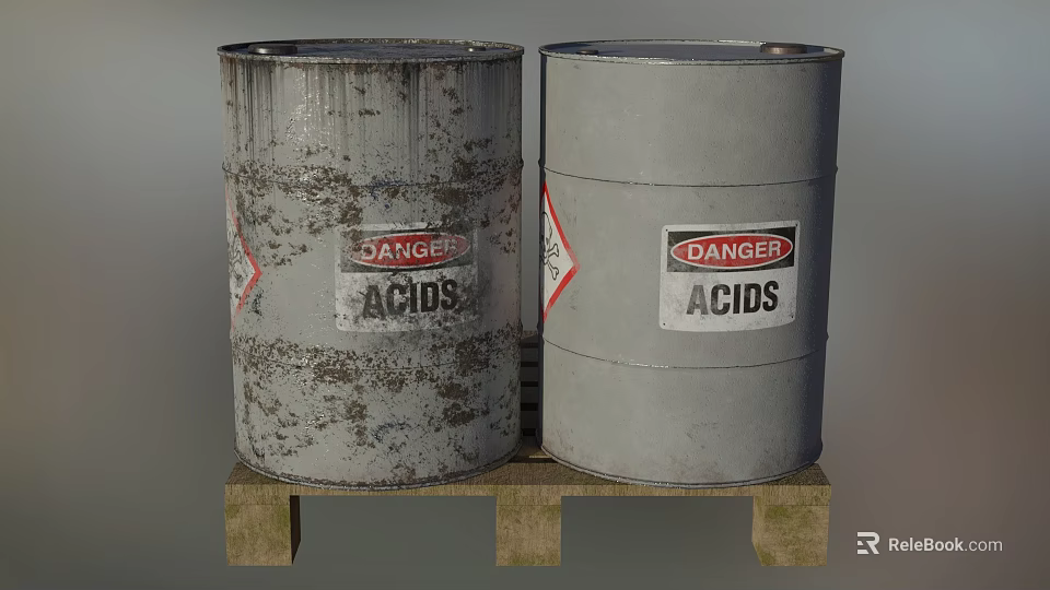 Industrial Equipment Featuring Two Acid Drums With Danger Labels On Wooden Pallet 3d model 