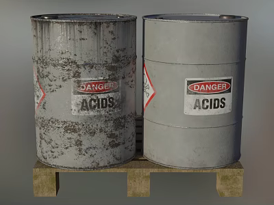 Industrial Equipment Featuring Two Acid Drums With Danger Labels On Wooden Pallet 3d model