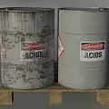 Industrial Equipment Featuring Two Acid Drums With Danger Labels On Wooden Pallet