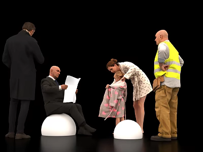 Group of people standing sitting holding papers and bending over near white spherical objects 3d model