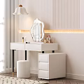 White Dressing Table with Decorative Mirror and Stool in Modern Interior With Vertical Striped Wall 3d model