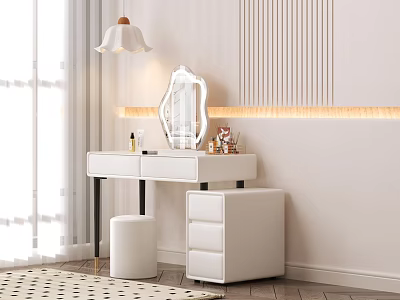 White Dressing Table with Decorative Mirror and Stool in Modern Interior With Vertical Striped Wall 3d model