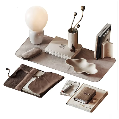 Modern Decorative Ornament Set With Lamp Pen Holder Books Tray And Leather Pouch 3d model