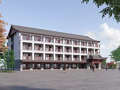 Ancient Chinese Architecture With Traditional Roof White Walls Red Pillars And Open Square Area 3d model